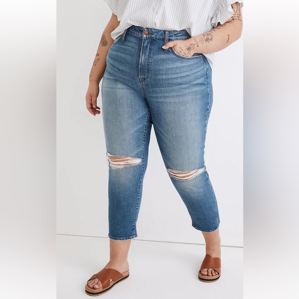 NWT Madewell Blue Gooding Wash Ripped-Knit Perfect Vintage Cropped Jeans Sz 16W